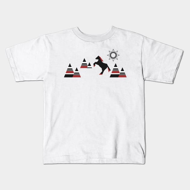 Black horse with red mane jumping in the mountains Kids T-Shirt by SooperYela